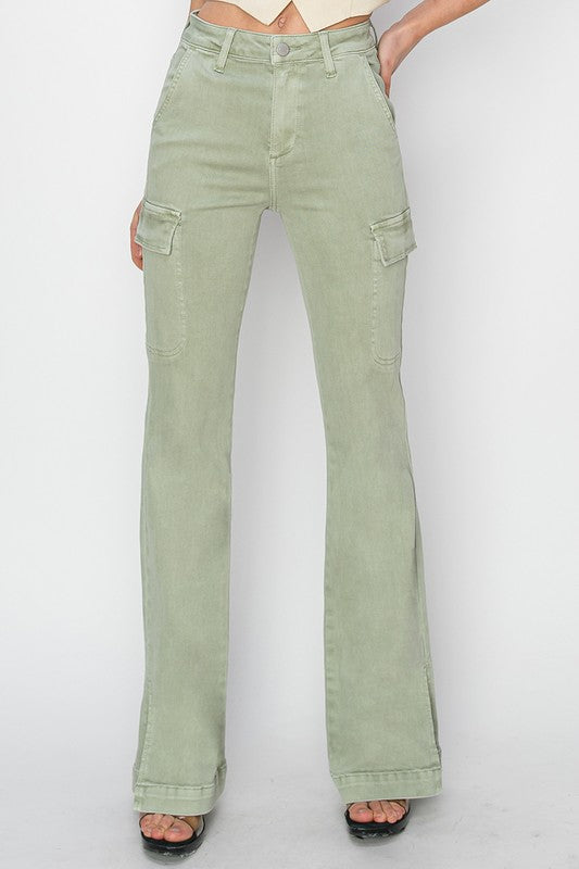 Risen High Rise Cargo Slit Hem Bootcut Pants - Sage