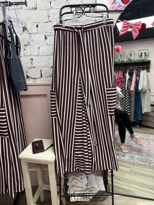 Stripe Wide Leg Pants - Brown