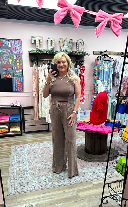 Mineral Washed Sleeveless Top & Wide Leg Pants Set - Chocolate