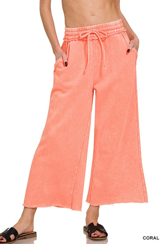 Acid Washed  Palazzo Cropped Sweatpants With Pockets