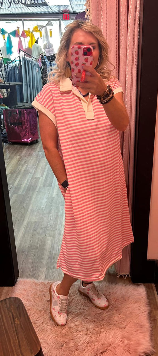 Striped Relaxed Fit Midi Dress - Pink/Ivory