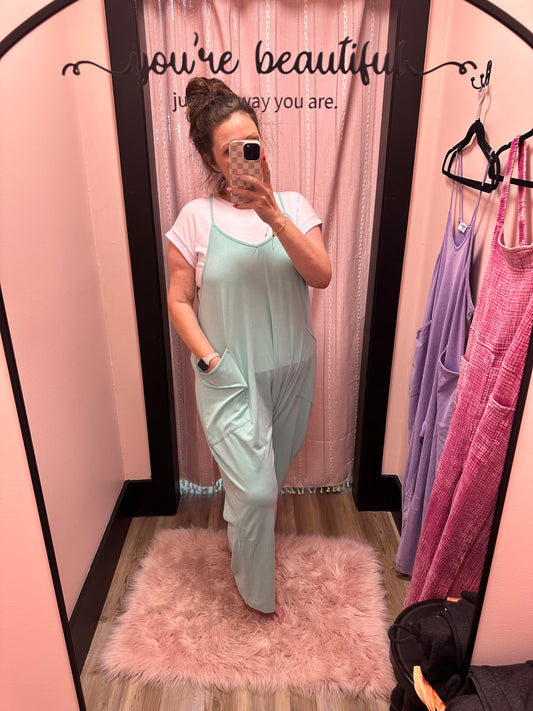 Relaxed Fit Mineral Wash Jumpsuit - Turquoise
