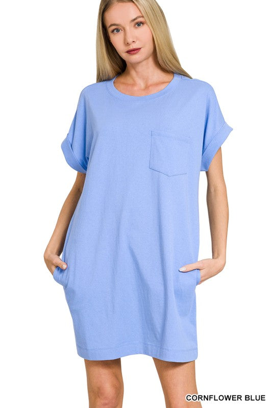 Cotton T-Shirt Dress W/Pockets - Cornflower Blue