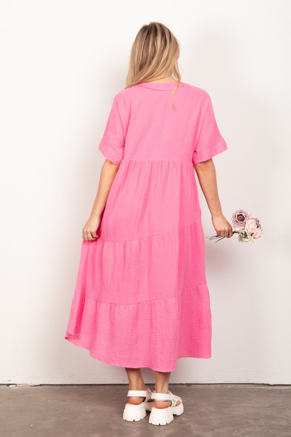 Soft Crinkle Gauze Midi Dress - Pink