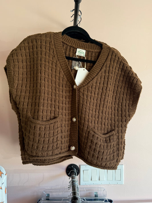 Waffle Texture Button Up Sweater - Chocolate