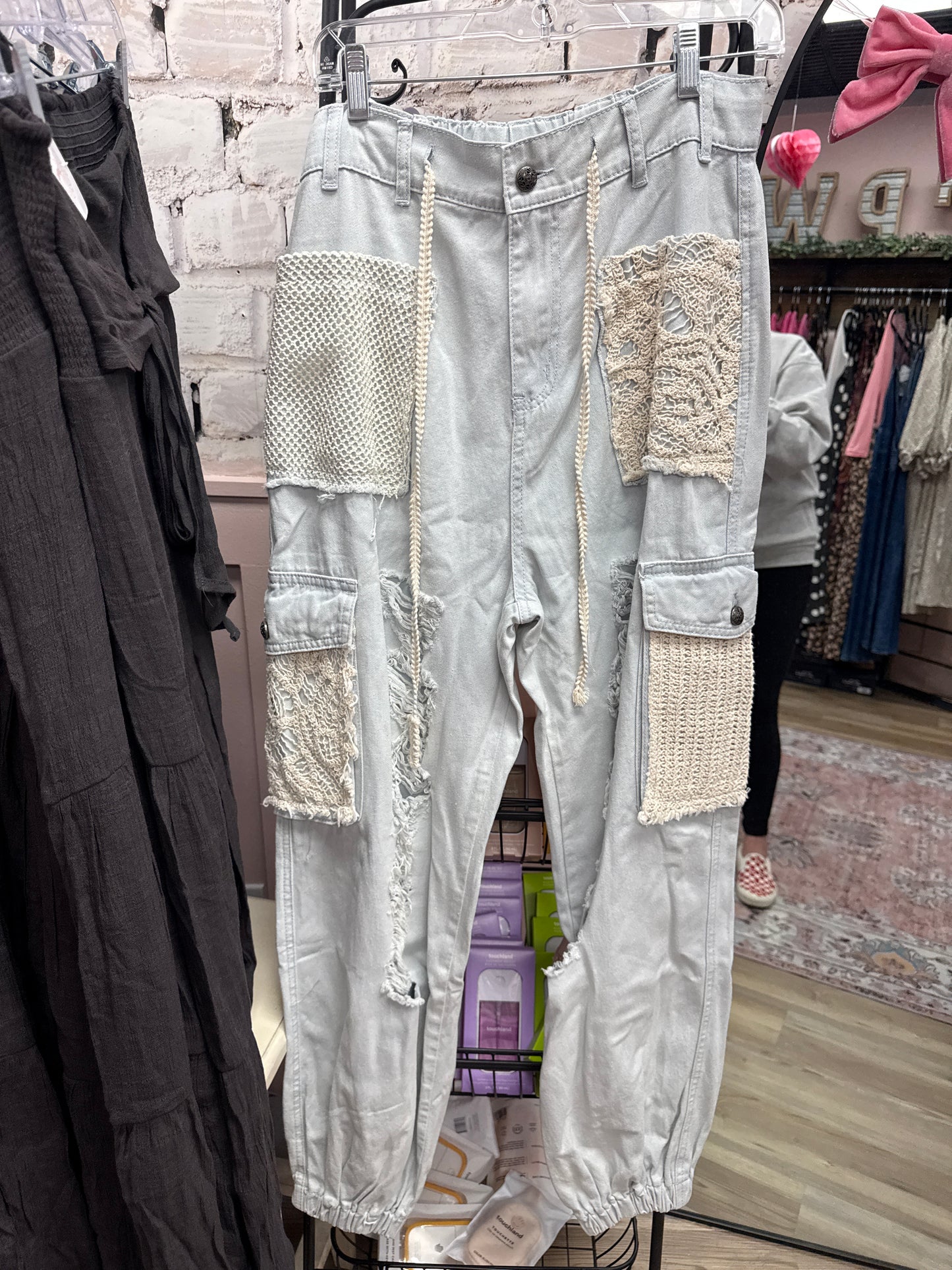 Vintage Wash Crochet Patch Distress Jogger Pants