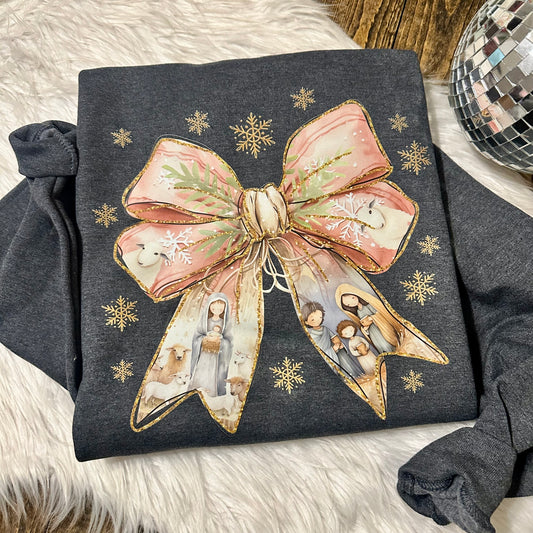 Christmas Nativity Coquette Bow Graphic Sweatshirt