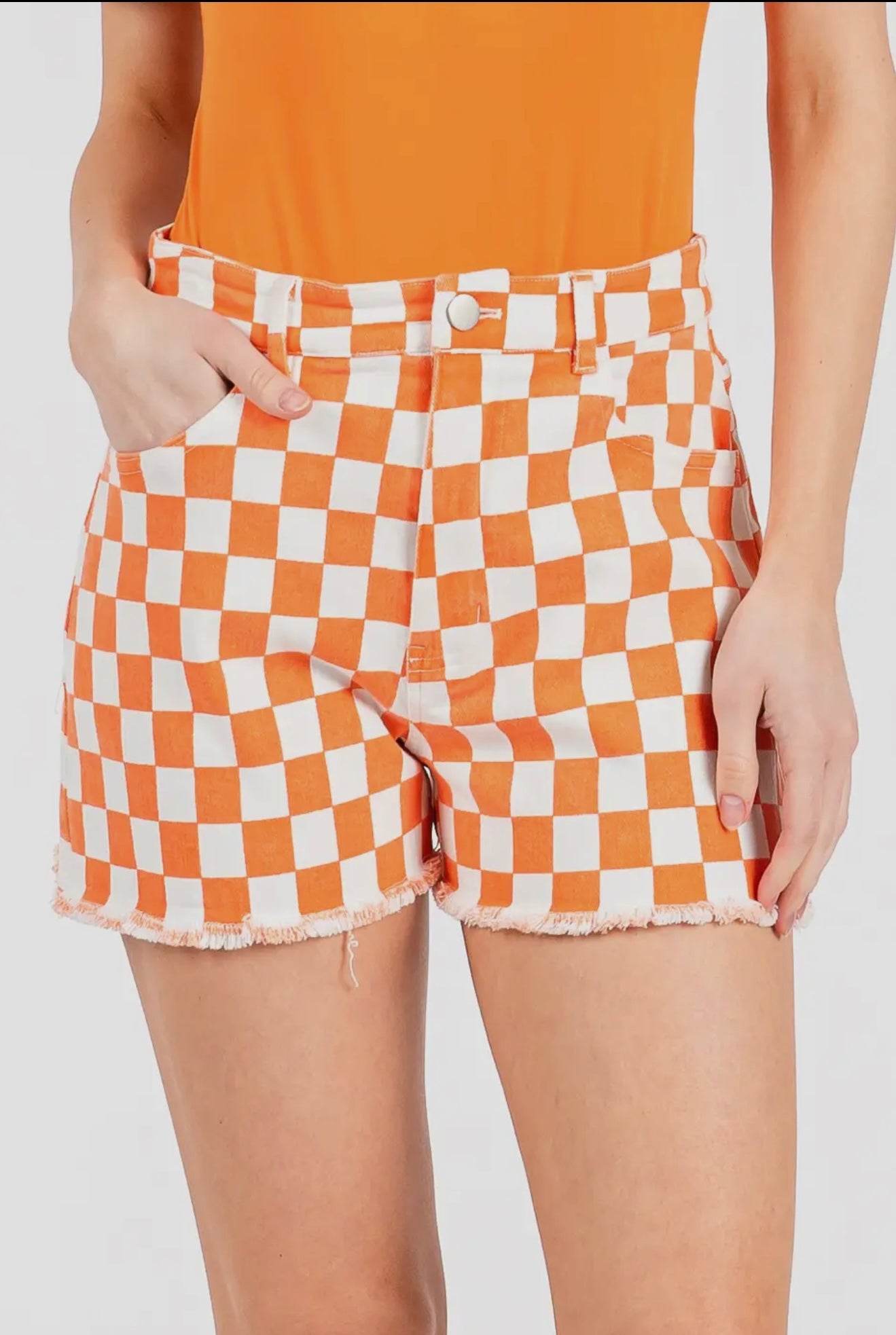 Game Day Checkered Frayed Hem Shorts - Orange