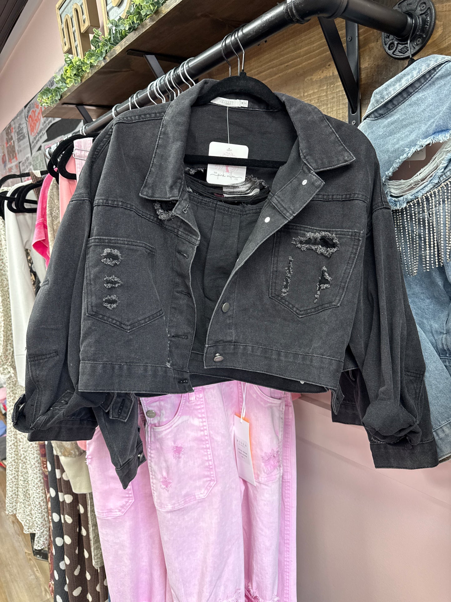 Distressed Silver Fringe Denim Jacket - Black Wash