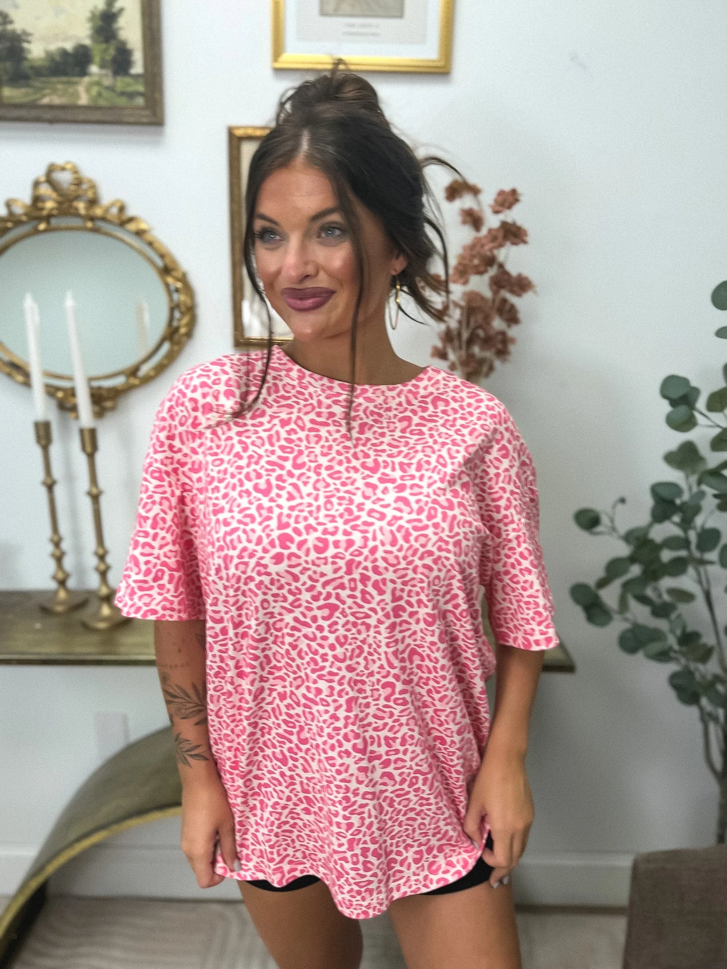BIRDIE PREORDER- Premium Blend Oversized Tee in Pink Party Leopard