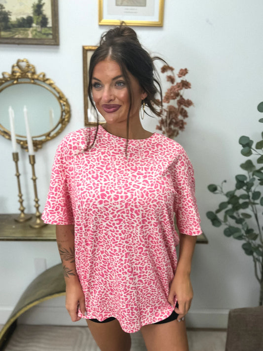 BIRDIE PREORDER- Premium Blend Oversized Tee in Pink Party Leopard