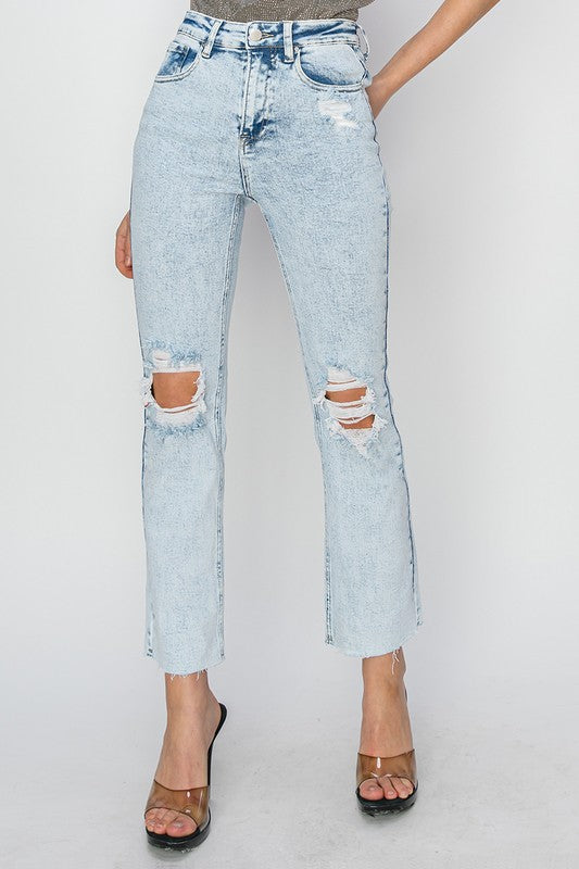 Risen High Rise Distressed Knee Jeans - Acid Light