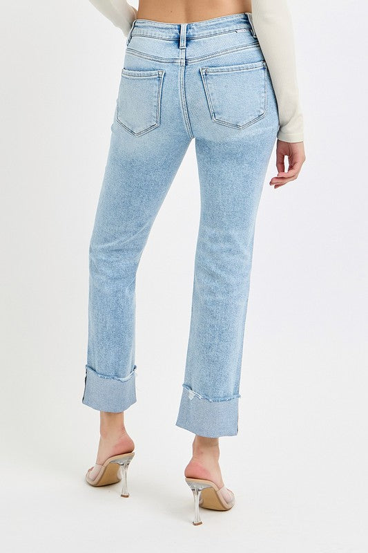 Tummy Control High Rise Straight Cuffed Jeans