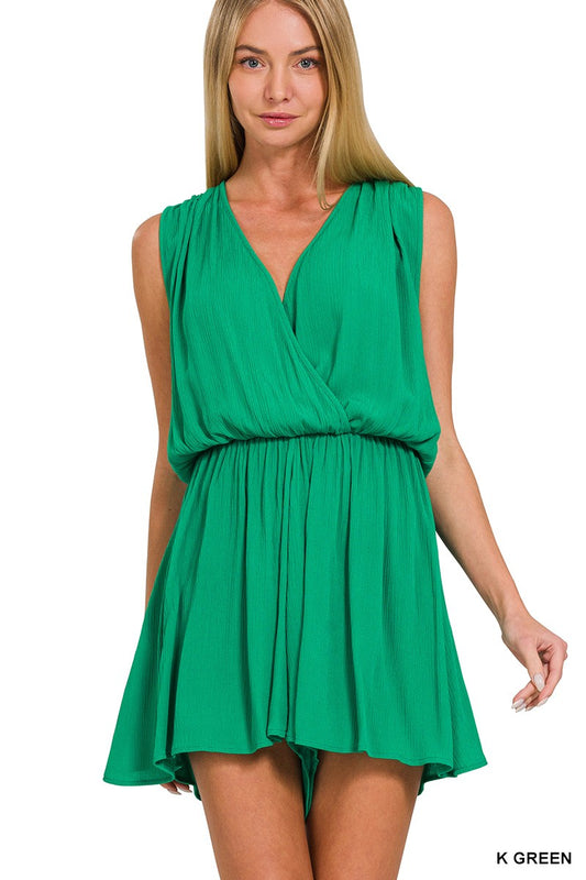 Crinkle Draped Romper w/ Tie Open Back - Kelly Green