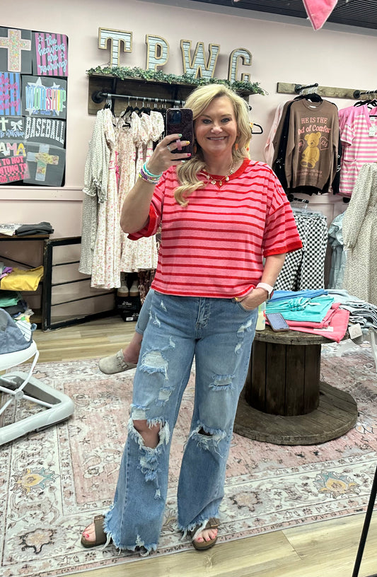 Stripe Casual Comfy Knit Top - Pink/Red