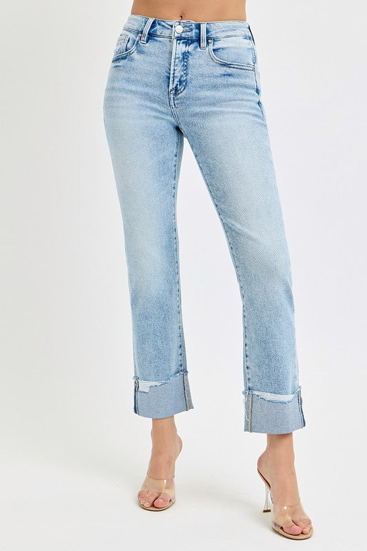 Tummy Control High Rise Straight Cuffed Jeans