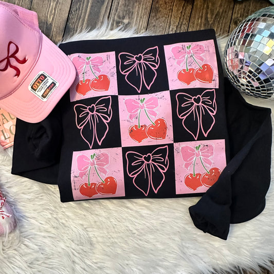 Checkered Cherry Coquette Graphic Sweatshirt
