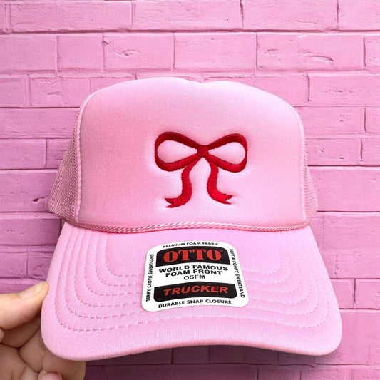 Embroidered Bow Trucker Hat - Pink