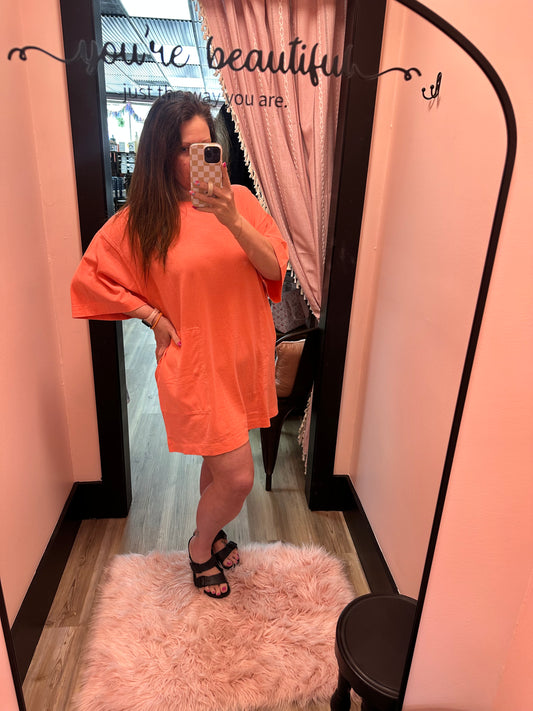 Short Sleeve Relaxed Fit T Shirt Mini Dress - Coral