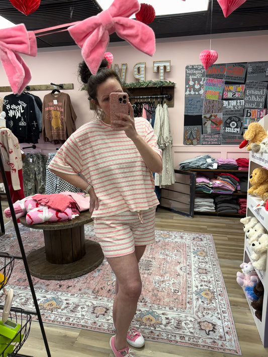 Striped Short Sleeve Tee & Shorts Set - Pink