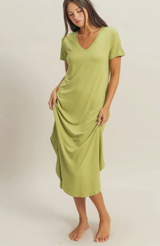 V-Neck Short Sleeve Midi Dress - Kiwi