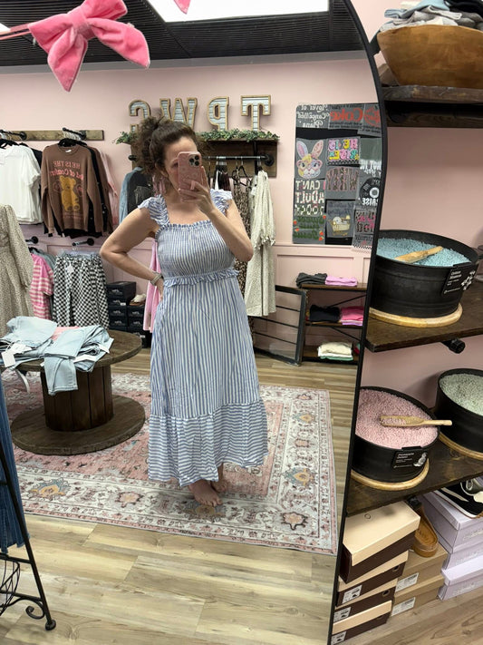 Stripe Smocked Ruffle Trim Midi Dress
