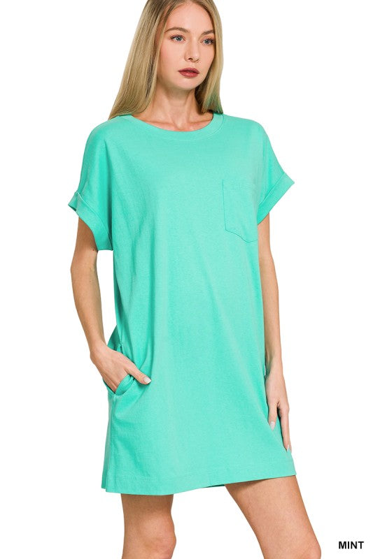 Cotton T-Shirt Dress W/Pockets - Mint