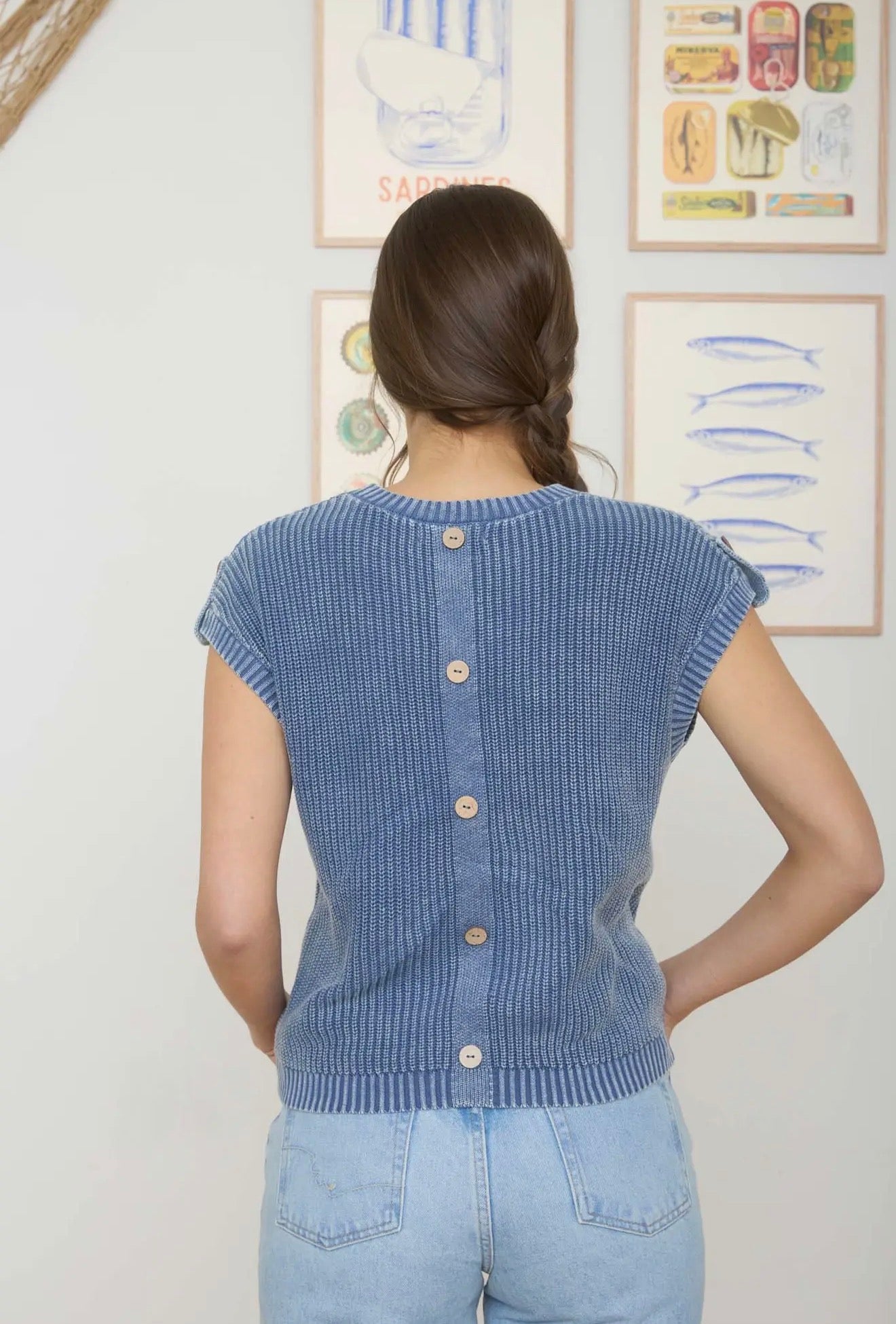 Tab Sleeve Back Button Short Sleeve Sweater