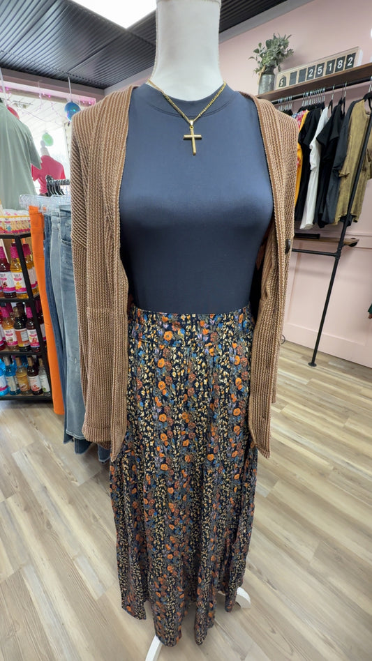 Ribbed Balloon Sleeve Cardigan-Chestnut