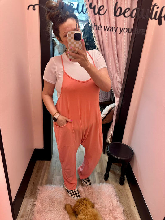 Relaxed Fit Mineral Wash Jumpsuit - Coral