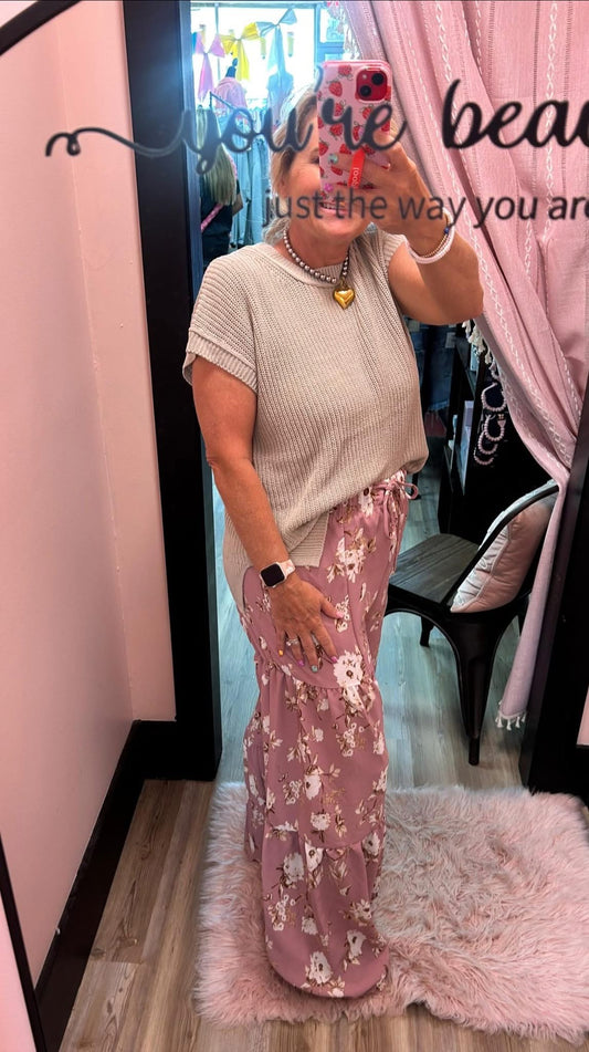 Wide Leg Floral Pants - Mauve