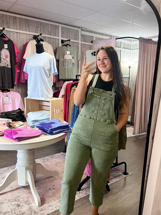 Washed Knot Strap Relaxed Fit Overalls - Olive