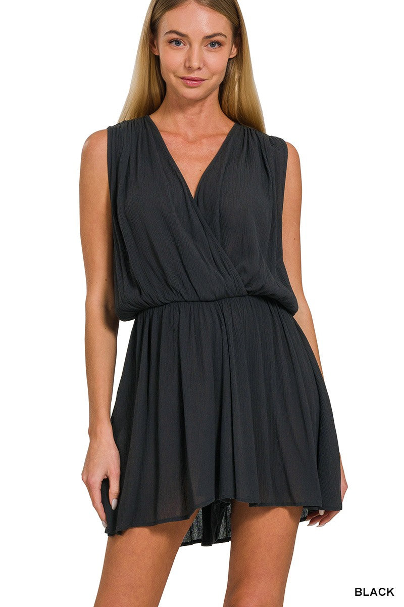 Crinkle Draped Romper w/ Tie Open Back - Black