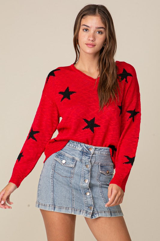 Game Day Star Print Sweater - Red/Black
