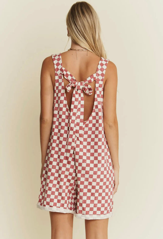 Checkered Shorts Romper - Rust