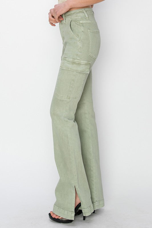 Risen High Rise Cargo Slit Hem Bootcut Pants - Sage