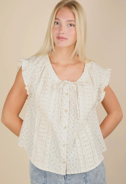 Floral Printed Lace Trim Detail Ruffled Blouse