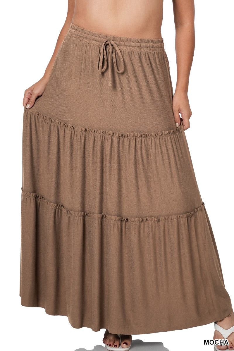 Tiered Ruffle Raw Hem Maxi Skirt - Mocha