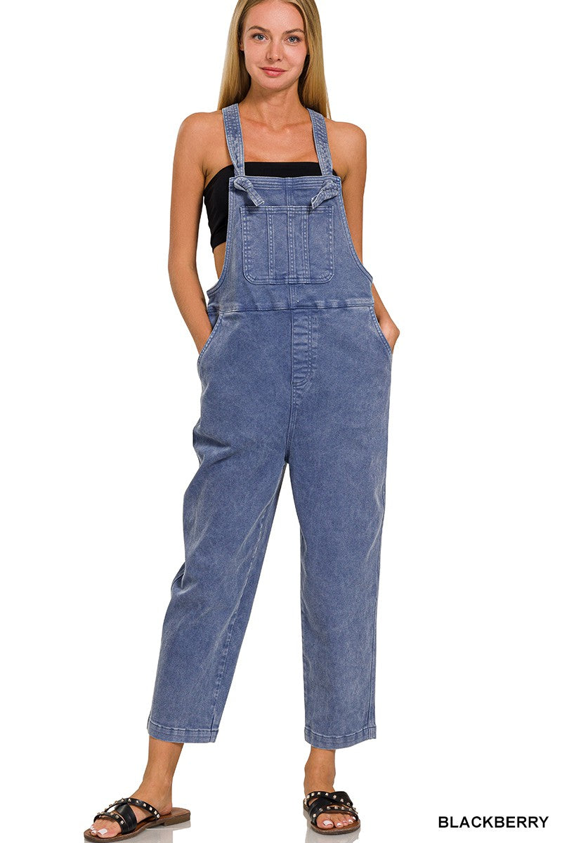 Washed Knot Strap Relaxed Fit Overalls - BlackBerry