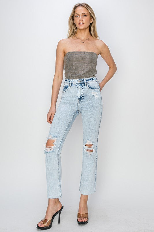 Risen High Rise Distressed Knee Jeans - Acid Light