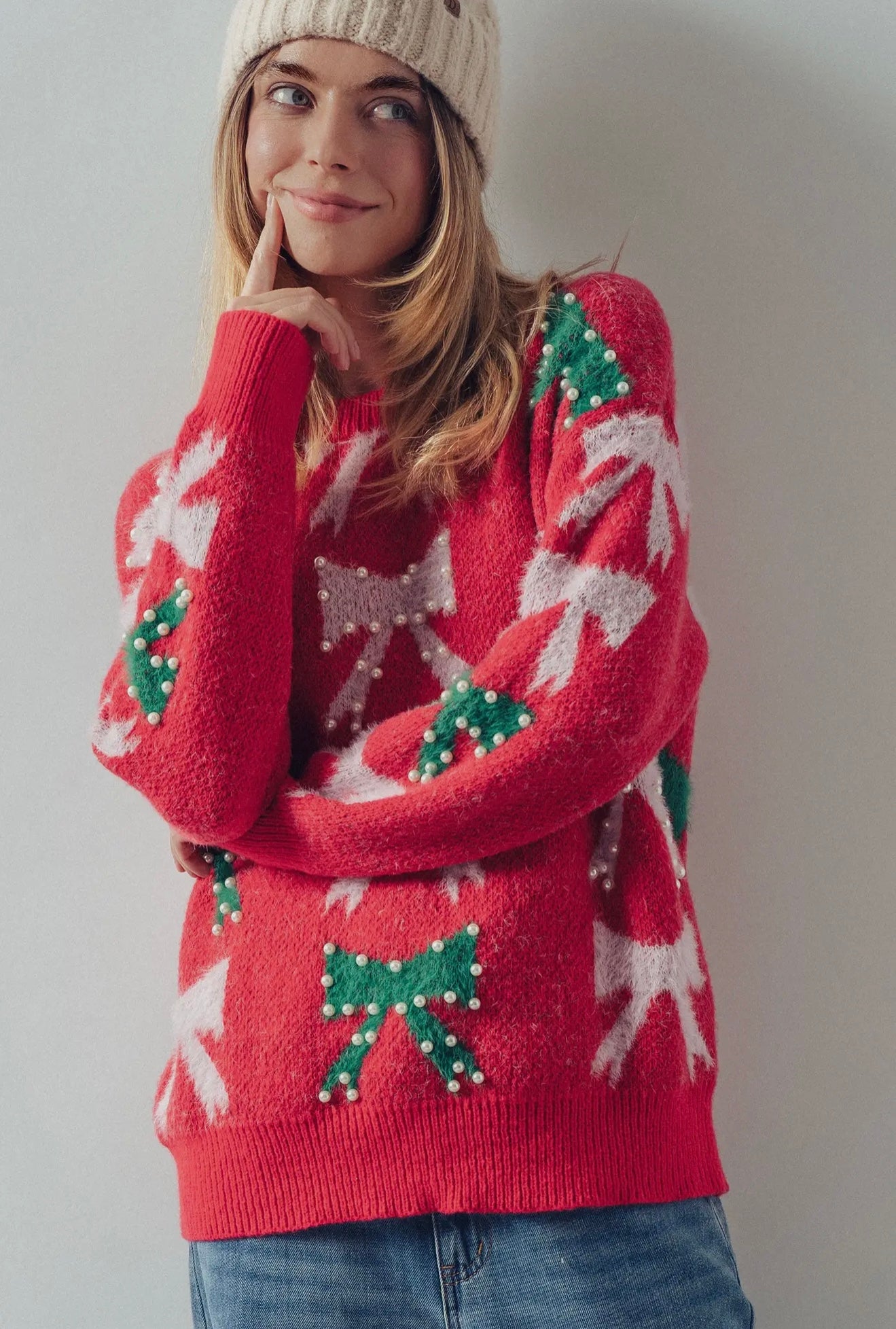 Holiday Bow Sweater - Pearl Embellished