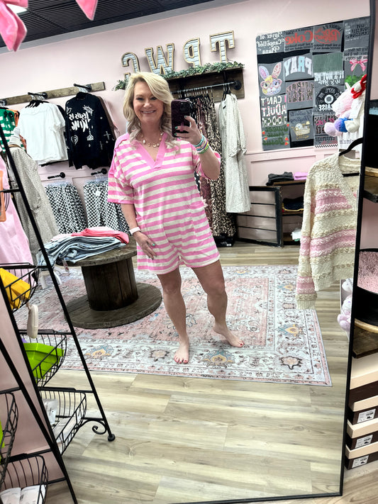 Pink Stripe Casual Knit Romper