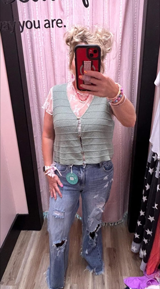 V Neck Sleeveless Sweater Vest - Sage Green