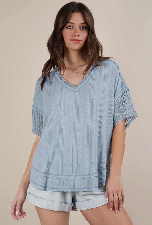 Oversized Contrast Knit Comfy Casual Top - Sky