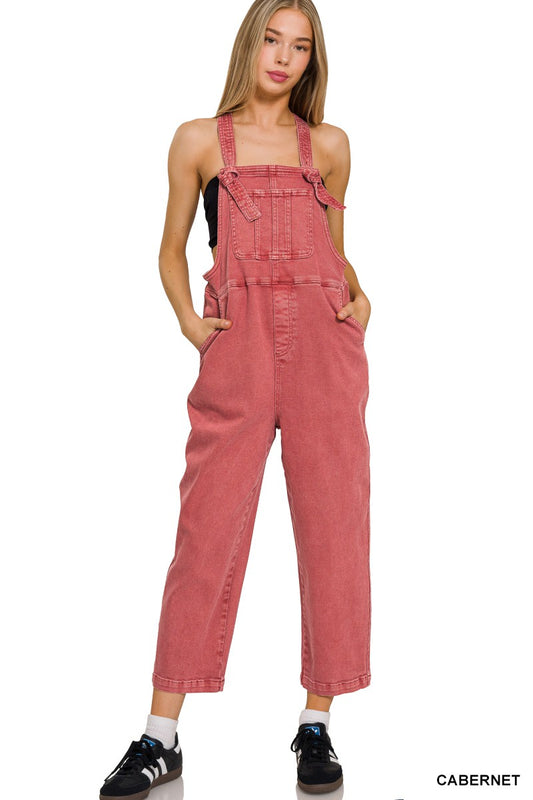 Washed Knot Strap Relaxed Fit Overalls - Cabernet