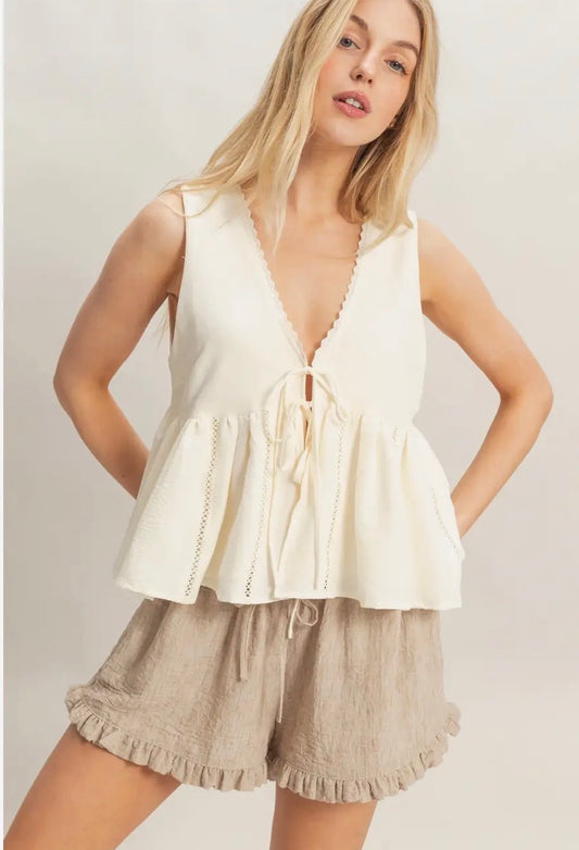 Lace Trim Tie Front Top