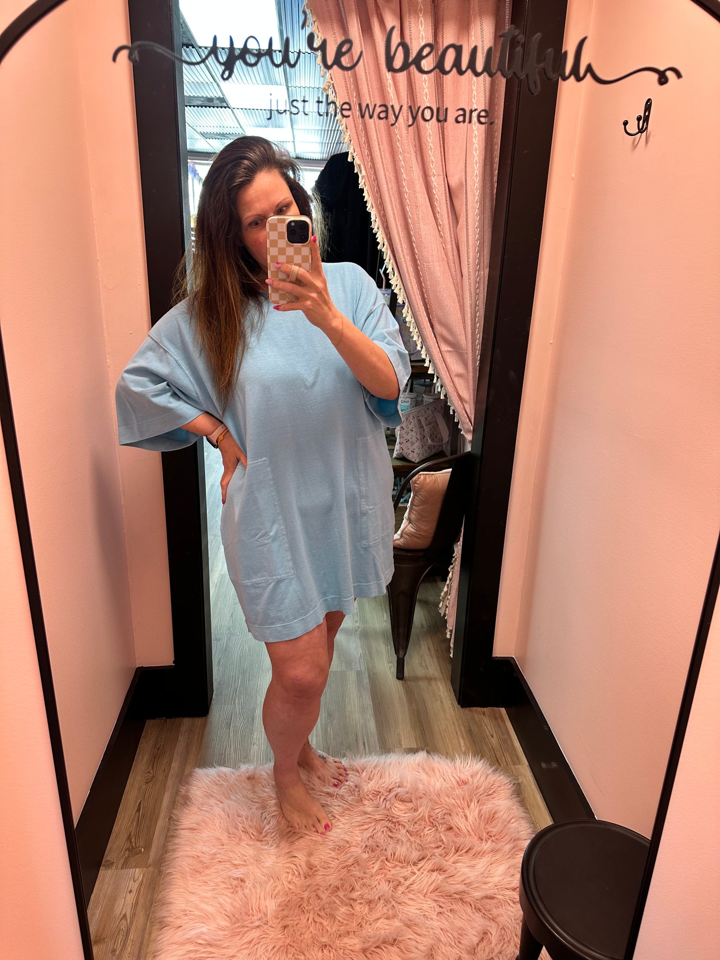 Short Sleeve Relaxed Fit T Shirt Mini Dress - Aqua