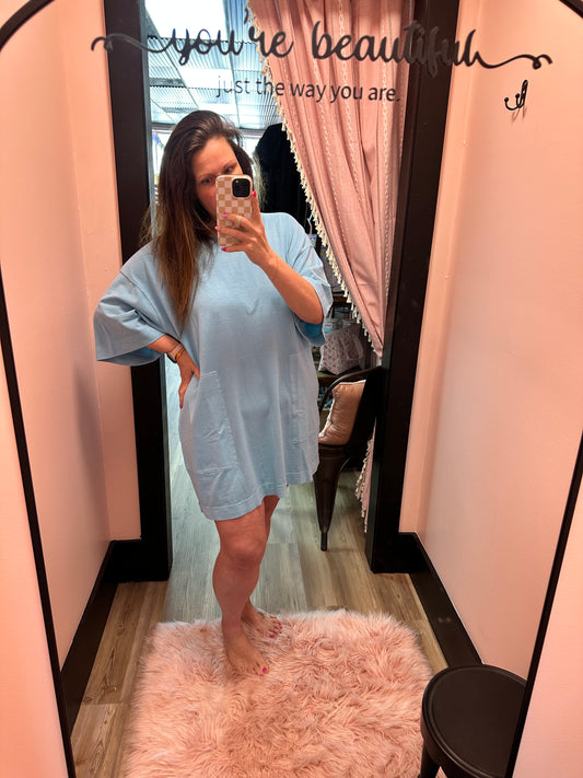 Short Sleeve Relaxed Fit T Shirt Mini Dress - Aqua