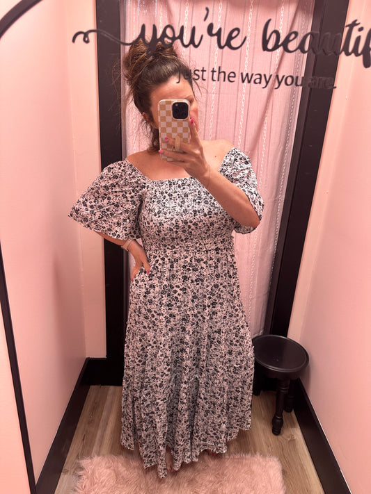 Smocked Floral Square Neck Maxi- White/Black
