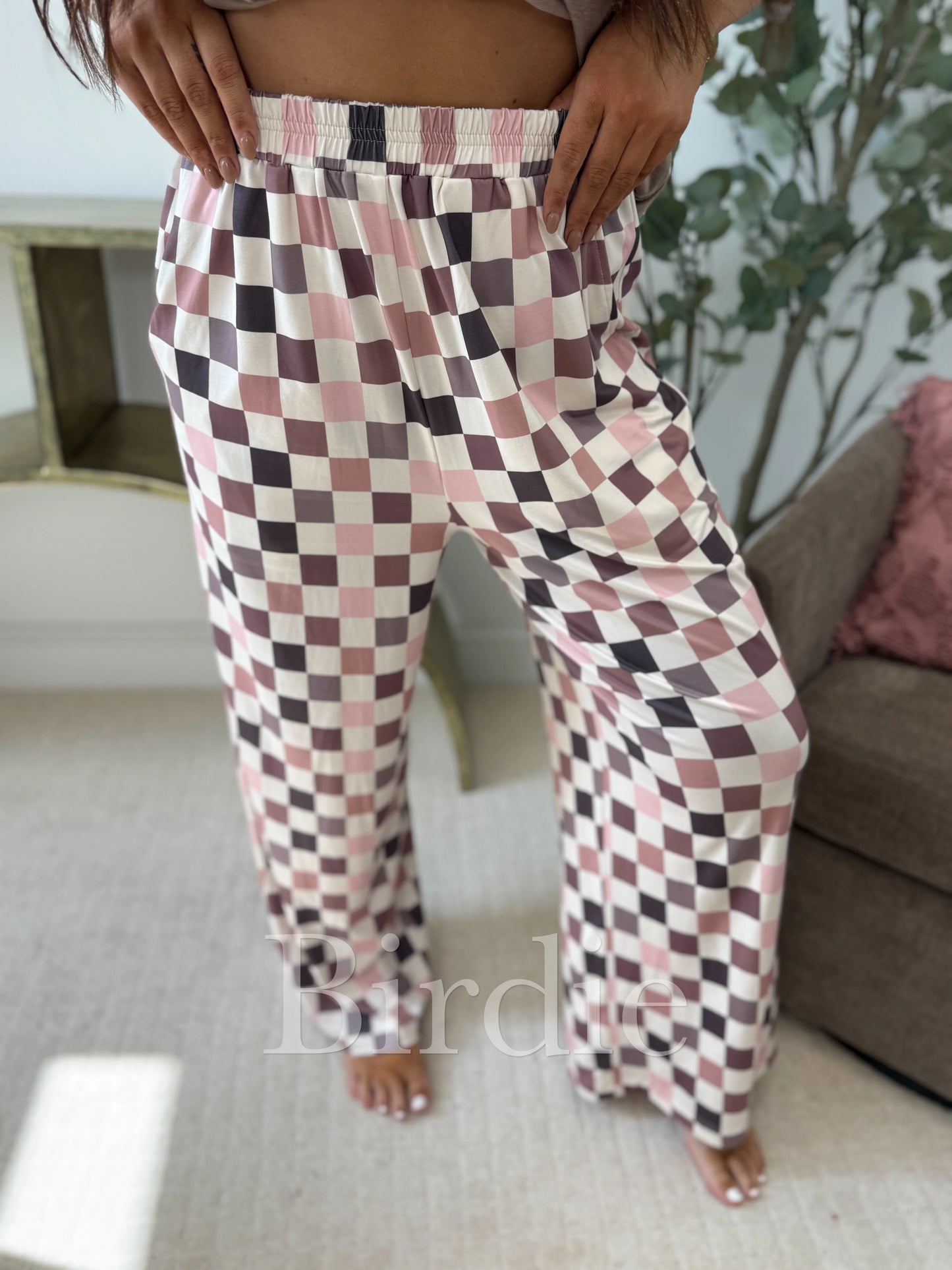 PREORDER - Birdie Flowy Wide Leg Pants - Mulled Berry Checkered